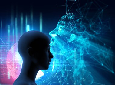 Yapay zeka robotunun kavramsal arka planı, 3 boyutlu çizim