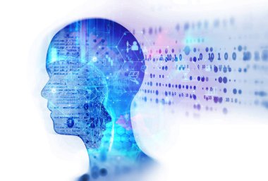 Yapay zeka robotunun kavramsal arka planı, 3 boyutlu çizim