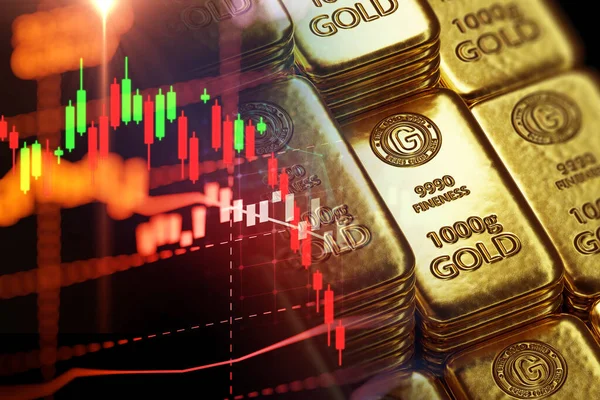 Pila Barras Oro Brillantes Tendencia Descendente Gráfico Precios Del Oro — Foto de Stock