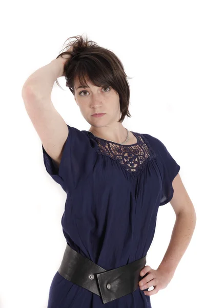 Young brunette playing at model on studio — Stock Photo, Image