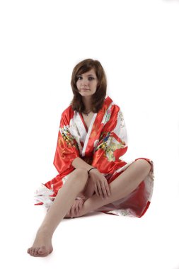 genç kız geyşa kırmızı ipek kimono içinde Fransız