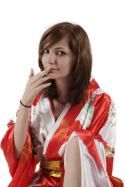 Geisha joven francesa en kimono de seda roja —  Fotos de Stock