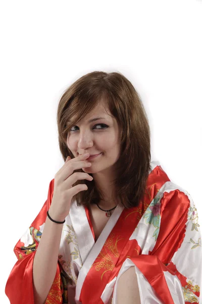 Franska ung flicka geisha i rött siden kimono — Stockfoto