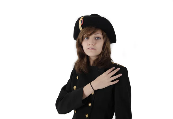 Młoda dziewczyna w francuski mundurek szkolny czarny wysokość — Zdjęcie stockowe