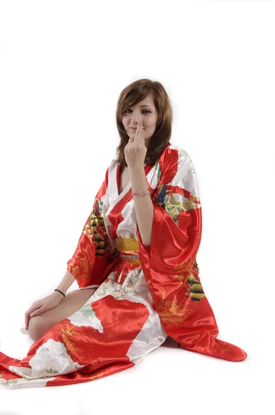 French young girl geisha in red silk kimono — Stock Photo, Image