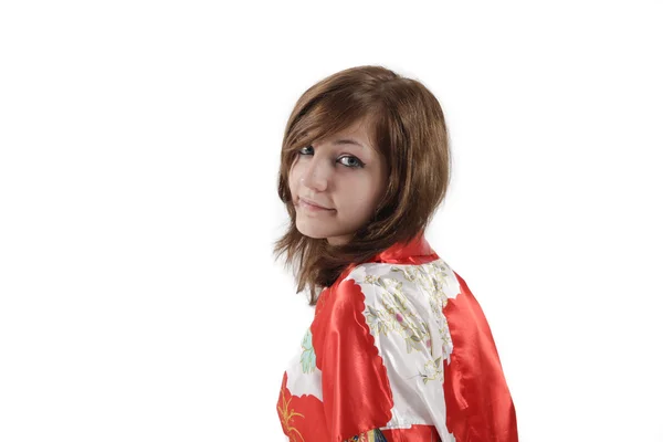 Franska ung flicka geisha i rött siden kimono — Stockfoto