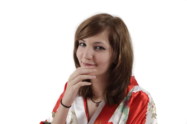 Francouzská gejša mladá dívka v červené hedvábné kimono — Stock fotografie