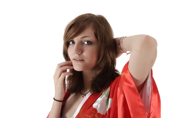 French young girl geisha in red silk kimono — Stock Photo, Image