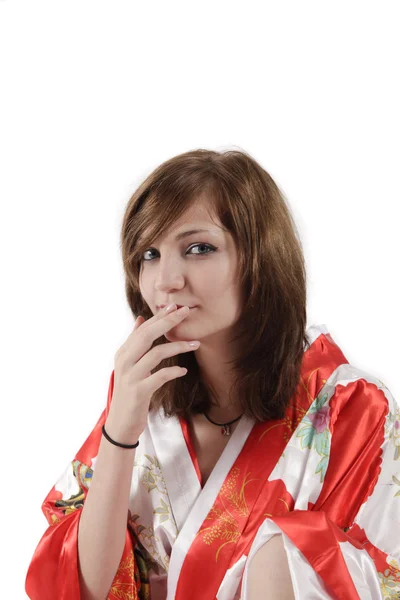 Francês jovem menina gueixa no vermelho seda quimono — Fotografia de Stock