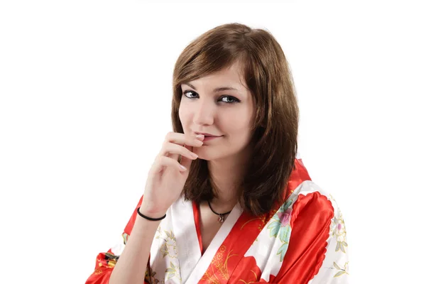 French young girl geisha in red silk kimono — Stock Photo, Image