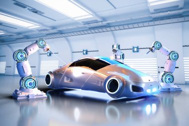 Otomasyon aumobile fabrikası konsepti 3 boyutlu robot montaj hattıyla sürücüsü olmayan araba üretiyor