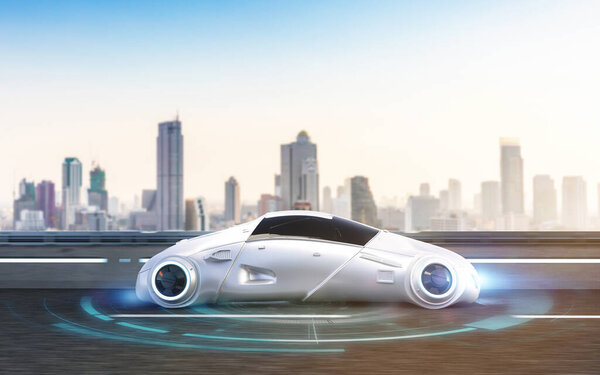 Автомобиль без водителя или автономный автомобиль с 3D рендеринга автомобиля в городе