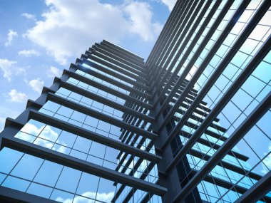 3D yüksek bina dış tarafı mavi gökyüzüyle donatılmış