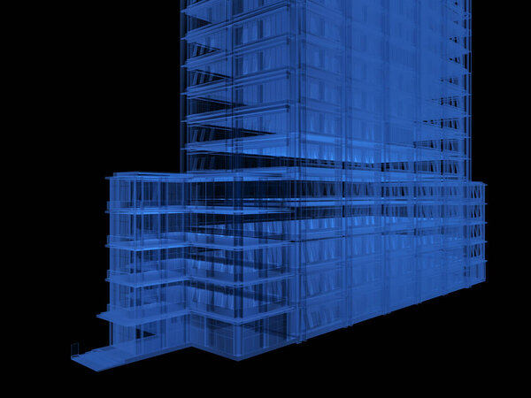 3D рентгеновское высотное здание снаружи изолировано на черном фоне