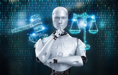Siber hukuk ya da internet hukuku kavramı 3 boyutlu ai robot ve hukuk ölçeği ve tokmak yargıcı sunar
