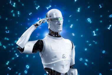 Makine öğrenme konsepti 3d ikili kod arkaplanlı robot düşüncesi