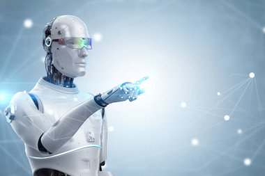 3D yapay zeka robotu ya da yardımcı robot parmak ucu ile teknoloji bağlantısı