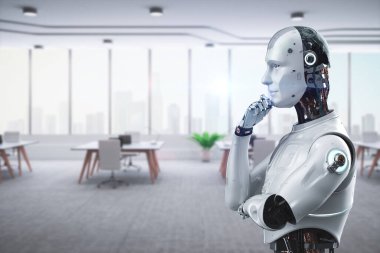 Akıllı ofiste çalışan 3D robotlu otomasyon işçisi konsepti