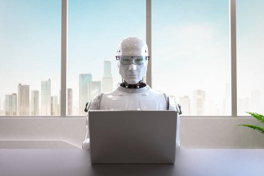 Akıllı ofiste çalışan 3D robotlu otomasyon işçisi konsepti