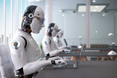 Akıllı ofiste çalışan 3D robotlu otomasyon işçisi konsepti