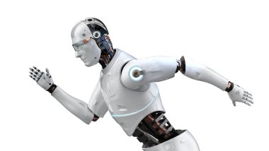 Hızlı hız teknolojisi kavramı. 3D görüntüleme robotu beyaz üzerine izole edildi.