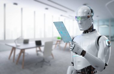 Otomasyon işçisi konsepti ile akıllı ofiste çalışan 3 boyutlu ai robotu