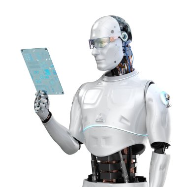 3D görüntüleme yapay zeka robotu veya dijital tabletli asistan robot beyaz üzerine izole edildi