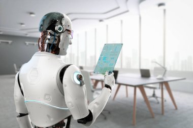 Otomasyon işçisi konsepti ile akıllı ofiste çalışan 3 boyutlu ai robotu