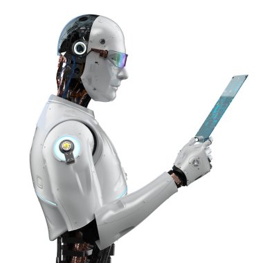 3D görüntüleme yapay zeka robotu veya dijital tabletli asistan robot beyaz üzerine izole edildi