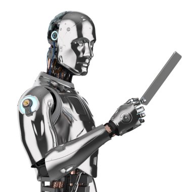 3D görüntüleme yapay zeka robotu veya dijital tabletli asistan robot beyaz üzerine izole edildi