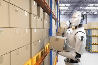Otomatik depo konsepti ile depoda 3D otomasyon robotu çalışması