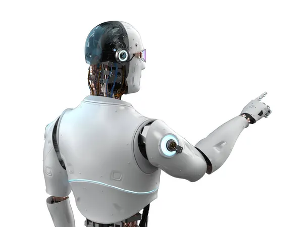 Renderização Robô Inteligência Artificial Assistente Robô Dedo Ponto Isolado Branco — Fotografia de Stock