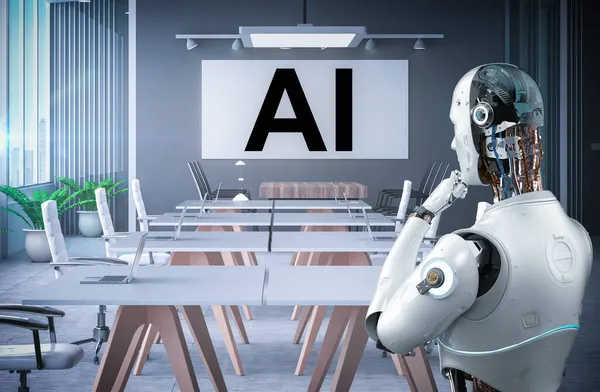 Koncepcja Pracownika Automatyki Robotem Renderującym Pracującym Inteligentnym Biurze — Zdjęcie stockowe