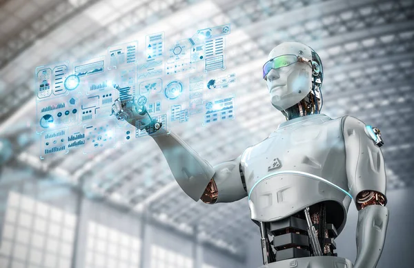 Collegamento Tecnologico Con Robot Rendering Intelligenza Artificiale Con Display Grafico — Foto Stock