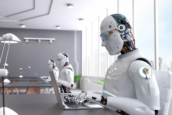Concepto Trabajador Automatización Con Robot Renderizado Que Trabaja Una Oficina —  Fotos de Stock