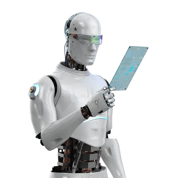 Renderizado Robot Inteligencia Artificial Robot Asistente Con Tableta Digital Aislada — Foto de Stock