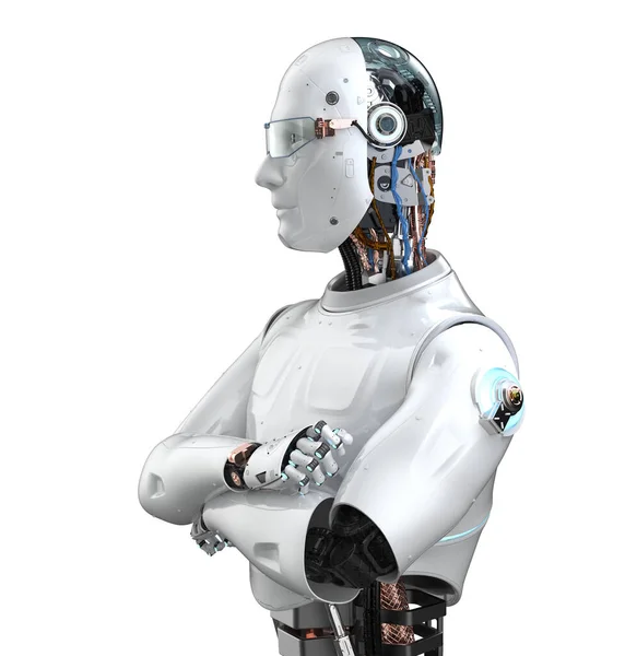 Rendering Portrait Robot Cyborg Arm Crossed Isolated White — Stock Photo, Image