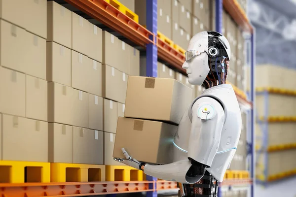 Automatikus Raktár Koncepció Renderelő Automatizálási Robot Munka Raktárban — Stock Fotó