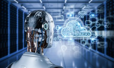 Grafik ekranlı 3D görüntüleme robotlu bulut hesaplama teknolojisi kavramı