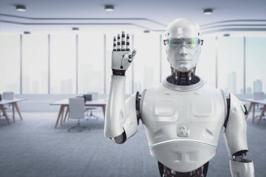 3D suni zeka robotu ya da cyborg selamlaması içeren otomatik ofis çalışanı kavramı
