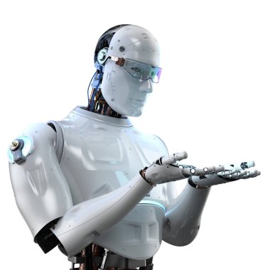 3D görüntüleme yapay zeka robotu veya sayborg boş elle beyaz üzerine izole edilmiş