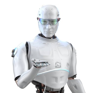 3D görüntüleme yapay zeka robotu veya sayborg boş elle beyaz üzerine izole edilmiş