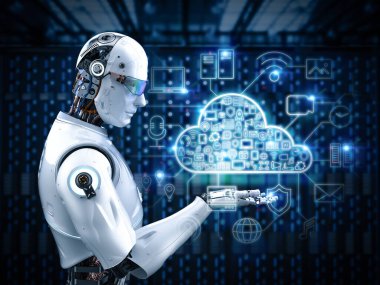 Grafik ekranlı 3D görüntüleme robotlu bulut hesaplama teknolojisi kavramı