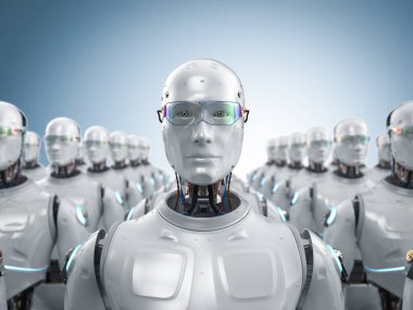 3D suni zeka robotları veya cyborglar grubu