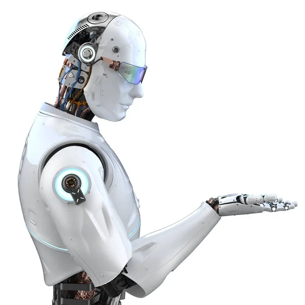 Renderizado Robot Inteligencia Artificial Cyborg Con Mano Vacía Aislada Blanco — Foto de Stock