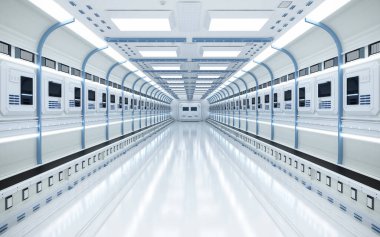 3D iç döşeme beyaz ve temiz boş fütüristik fabrika taşıyıcı bant ile