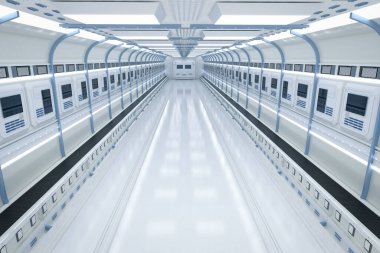 3D iç döşeme beyaz ve temiz boş fütüristik fabrika taşıyıcı bant ile