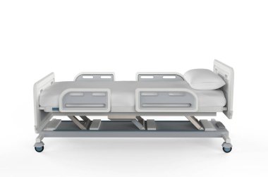 3D elektrikli hastane yatağı beyaz arka planda izole edildi
