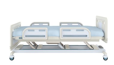 3D elektrikli hastane yatağı beyaz arka planda izole edildi