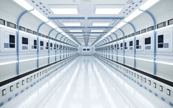 Renderização Interior Branco Limpo Fábrica Futurista Vazio Com Correia Transportadora — Fotografia de Stock
